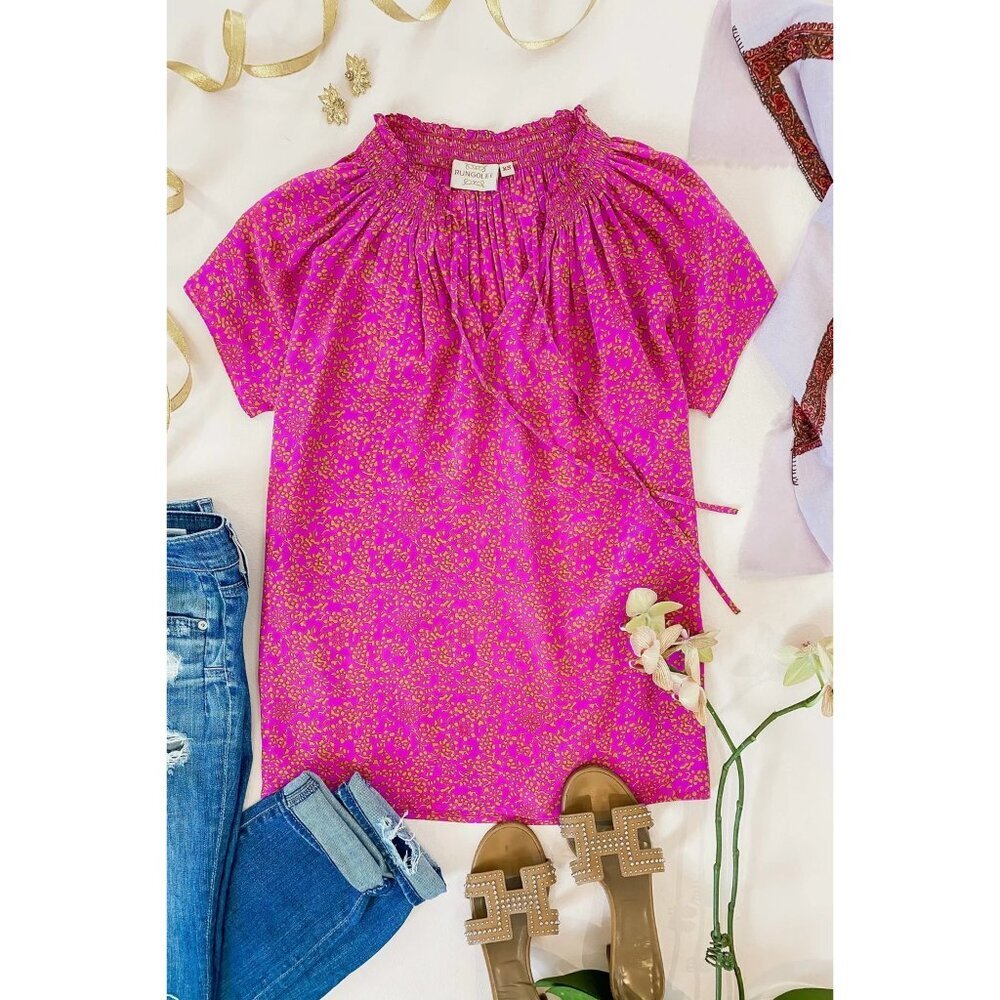 Rungolee Louise Blouse Womens Size S Berry French Floral Silk Boho Smock Neck